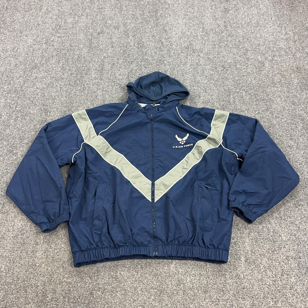 U.S. Air Force Jacket Mens XL Short Blue Hooded Full Zip Windbreaker PTU Running